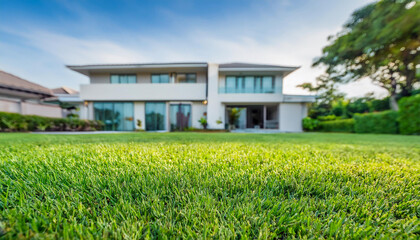 Green grass in backyard garden, blurred modern house on backdrop. Fresh lawn. Property for sale