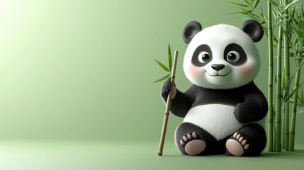 Fototapeta premium Adorable panda character happily holds a bamboo stick surrounded by lush greenery, creating a whimsical atmosphere perfect for storytelling or design projects