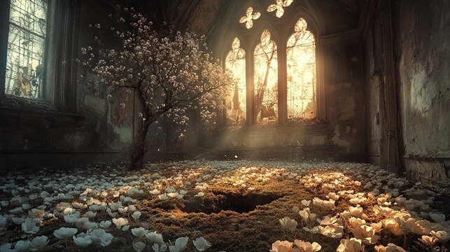 A tree grows inside a ruined building