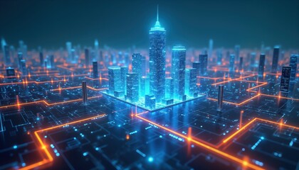 Obraz premium Futuristic city landscape. Glowing blue buildings. Pulsating data streams. Smart urban grid. Network of digital infrastructure. Tech future metropolis. Virtual architecture. High tech design.