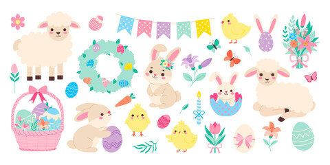 A collection of Easter themed cartoon animals including rabbits, chickens, and sheep. The animals are surrounded by flowers and eggs, and there is a wreath in the background
