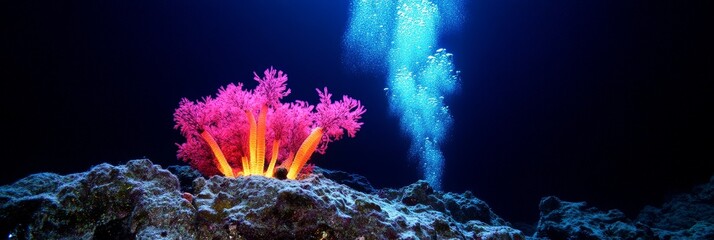 Deep Ocean Coral Bloom - A hauntingly beautiful scene of vibrant coral flourishing on the deep sea floor, near hydrothermal vents, symbolizing life, resilience, mystery, hidden beauty, and the unknown