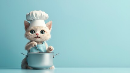 A delightful cat dressed as a chef stirs a pot, showcasing its culinary skills in a bright kitchen environment filled with charm and whimsy