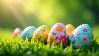 Spectacular array of flower-decorated Easter eggs in lush grass , bright, springtime