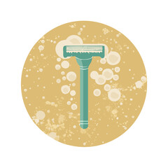 Green safety razor icon with bubbles background