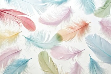 Obraz premium Feathers float gently in a sea of pastel colours creating a sense of weightlessness and freedom, pastel feathers background, feather pattern, calming visuals, whimsical design