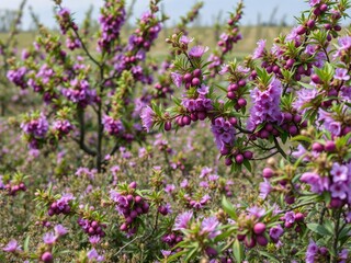 Field of plum trees with bright purple flowers, blooming flowers, flowering trees, tree blossoms