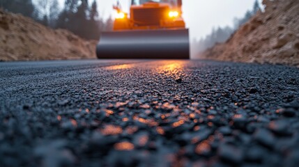 Close-up of freshly laid asphalt road with a construction roller in the background, highlighting texture and detail