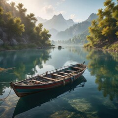 Obraz premium fishing boat on river with fishing net floating in calm water, tranquil atmosphere,