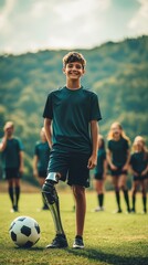 Obraz premium Smiling Boy with Prosthetic Leg Playing Soccer