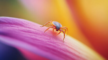 tiny spider on colorful flower petal macro photography