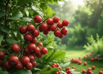 Obraz premium Freshly picked ripe red berries against lush green background, vibrant red, leafy, harvest