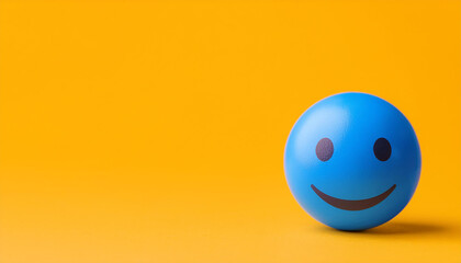 Blue ball with happy face emoji on yellow backdrop. Good mood. Happiness index, satisfaction.