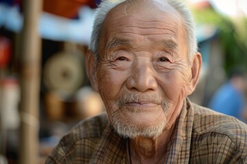 Close up portrait of a serene elderly asian man subtly smiling, conveying wisdom and a lifetime of experience
