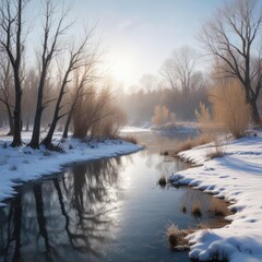 Frozen pond in the woods with a few bare willow trees surrounding it , frost, frozen water, woodland scene