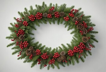 Full view of a lush evergreen branch wreath adorned with vibrant red cranberries and pinecones on a pristine white backdrop, winter foliage, pinecones, evergreen wreaths