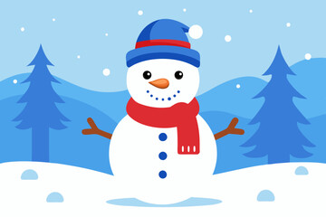Cute snowman in winter landscape, perfect for holiday designs.