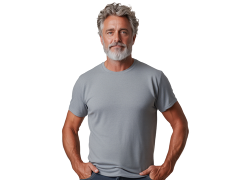Mature Caucasian Man with Gray Hair and Beard in Casual Clothing