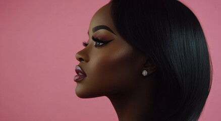 Fototapeta premium Silhouette highlights the graceful features of an African woman with long, dark hair, bold makeup, and a striking profile. The vibrant pink background adds a lively touch to this beauty portrayal.