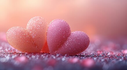 Fototapeta premium Two Glittery Pink Hearts with Water Droplets on Romantic Background