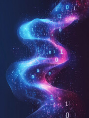 A dark futuristic design with a glowing wave of binary code in blue and pink, symbolizing data and artificial intelligence.  
