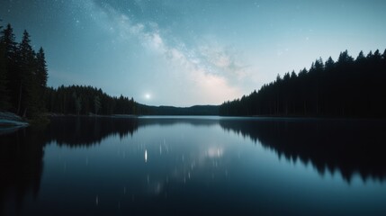 Fototapeta premium Tranquil lake framed by silhouetted pine trees, reflecting a starlit sky, creating a serene and meditative natural panorama.