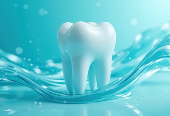 Tooth surrounded by abstract blue liquid waves on blue background.