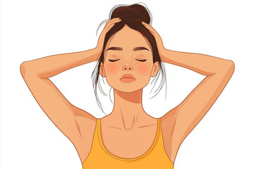 Fototapeta premium Young female having a dizzy symptom and raising her hand to touch her head. Concept of illness, vertigo, headache, dizziness, sickness. Flat vector illustration character about health.