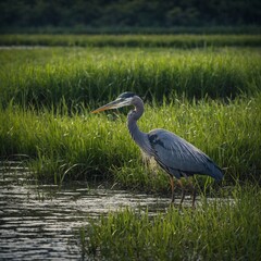 Naklejka premium A heron wading through a grassy marshland, its entire body visible with the green surroundings softly blurred.