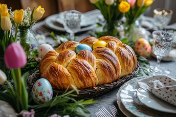 Braided Easter bread topped with candy eggs and sprinkles