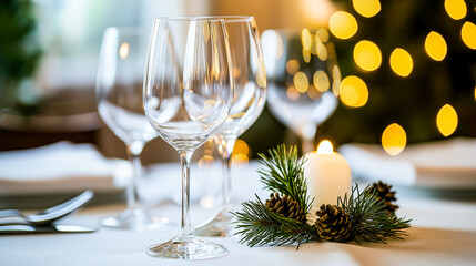Natural Christmas Table Decor with Frosted Glassware, Linen, and Pine for Minimalist Holiday Entertaining