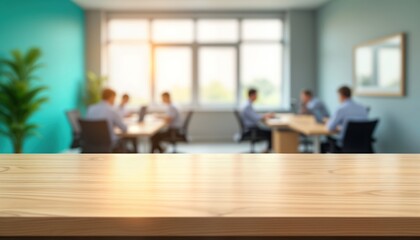 Empty light wooden table top with blurred office scene as background. Business people meeting in the office. Sunny day. Modern workplace design. Product presentation concept.