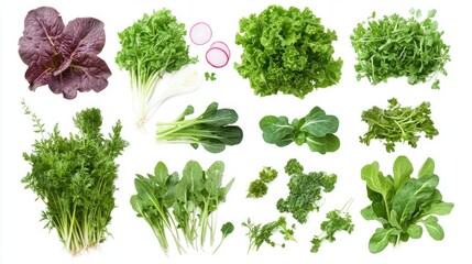 Obraz premium Collection of fresh green leafy vegetables and herbs for healthy meals, including items like kale, arugula, spinach, and more.