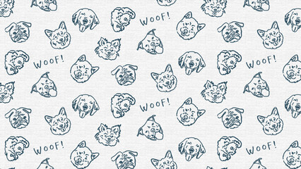 hand drawn dog face line art seamless pattern on white background, vector graphic resources, 16:9 widescreen wallpaper / backdrop