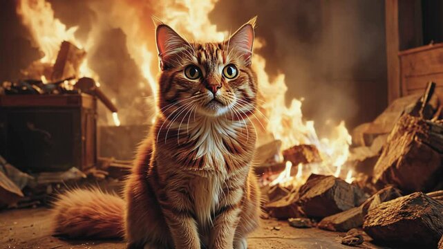 Fiery orange tabby cat sitting confidently with flames in the background, creating a dramatic and surreal atmosphere. Concept of power and boldness