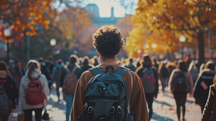 Back view of a student walking among a crowd in a vibrant autumnal university setting