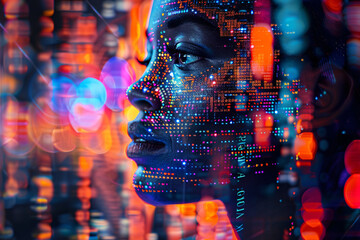 Close-up of a woman's face with digital code overlay, symbolizing ai and future technology