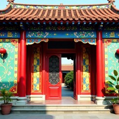 Colorful tiles adorn the facade of a traditional Vietnamese-style temple in Hanoi Hoan Kiem Lake , architecture, culture, hanoikiemlake