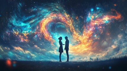 Fototapeta premium Silhouettes of two people under a cosmic sky.