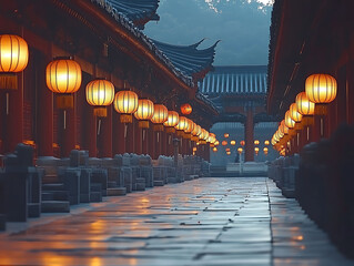 Serene pathway lined with glowing lanterns in an ancient Asian temple.  Perfect for travel, culture, or serenity themes. Evokes peace, history, and tradition.