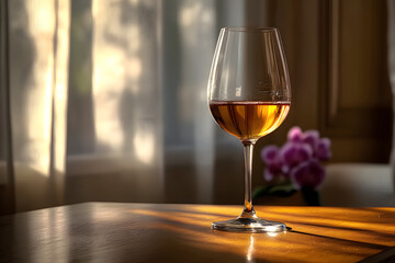 A single glass of wine sits atop a wooden table, awaiting someone to take a sip