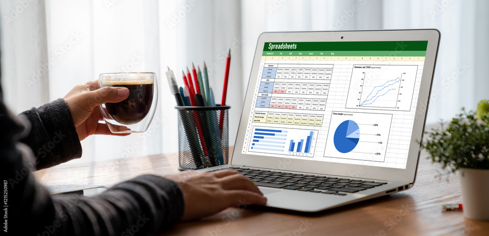 Poster spreadsheet document information financial startup concept. data and graphs in spreadsheet documents