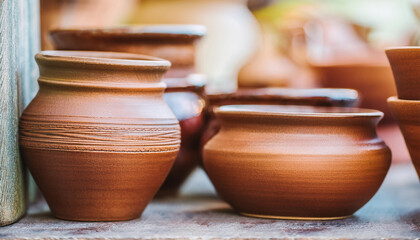 Clay pots in earthy tones. Handmade pottery.