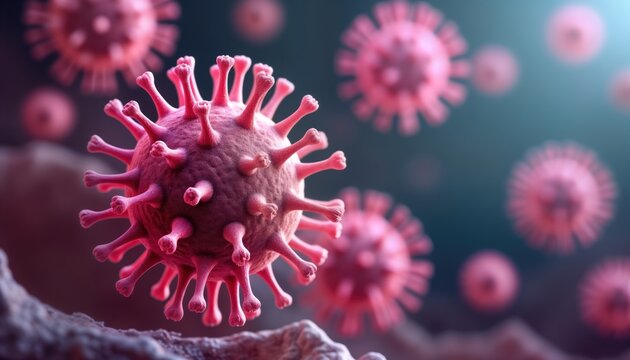 Pink virus particles float in space showing intricate structure. Close-up view of varicella zoster chickenpox virus. Herpes virus causing chickenpox, shingles. Scientific illustration for health care