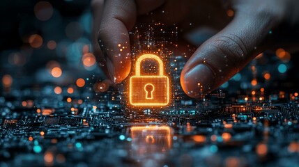 A digital hand holding a glowing padlock, symbolizing the security of data and systems in the digital age. 87