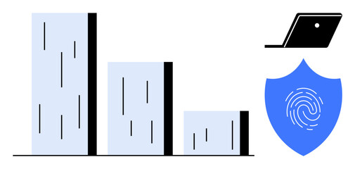 Bar graph representing varying data levels, a laptop for tech usage, and a shield with a fingerprint for data security. Ideal for business analysis, data privacy, cybersecurity, tech integration
