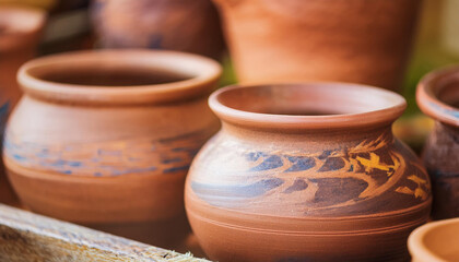 Clay pots in earthy tones. Handmade pottery.