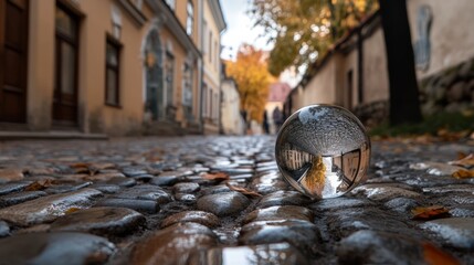 Fototapeta premium A reflective orb on a cobblestone street mirrors autumn leaves and historic buildings, adding mystery to an otherwise quaint alley.