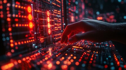 A 3D rendering of an ethical hacker creating a secure firewall to prevent cyber threats, with red and green signals indicating tests. 137