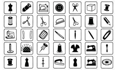 Vector Illustration Set of Sewing and Crafting Icons Black and White